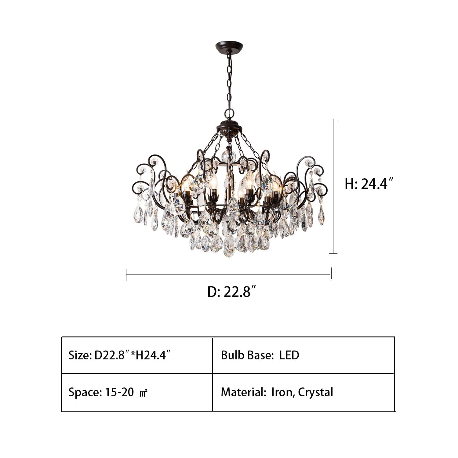 D22.8"*H24.4" chandelier,chandeliers,light luxury,pendant,dining room,bedroom,candle,black iron,crystal