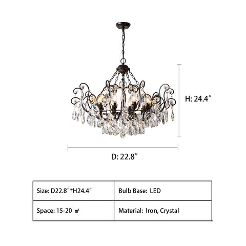 D22.8"*H24.4" chandelier,chandeliers,light luxury,pendant,dining room,bedroom,candle,black iron,crystal