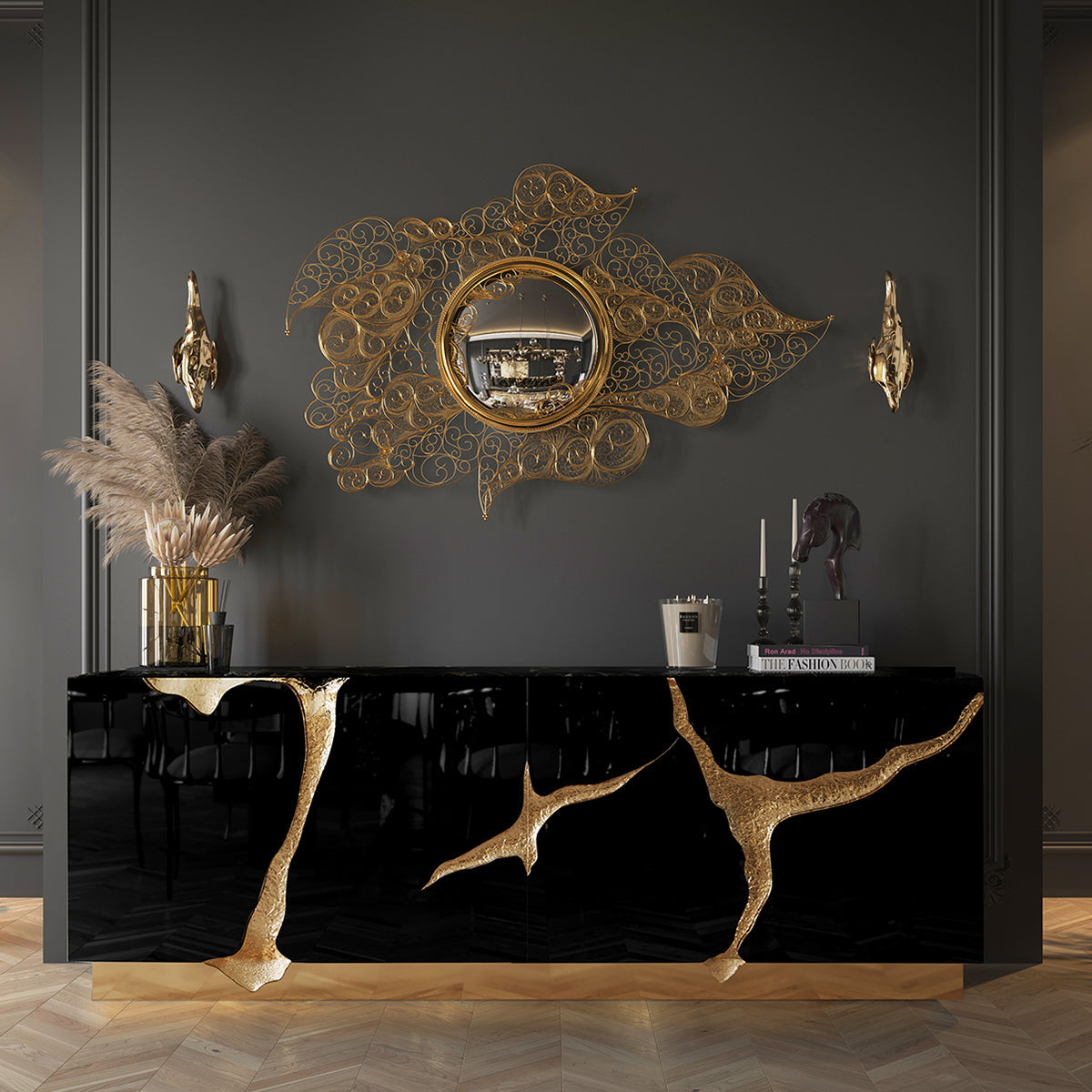 Black Gold Sideboard Cabinet with Sculptural Cracked Design