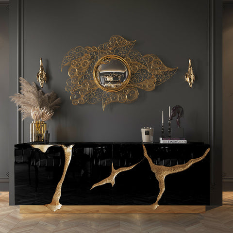Black Gold Sideboard Cabinet with Sculptural Cracked Design