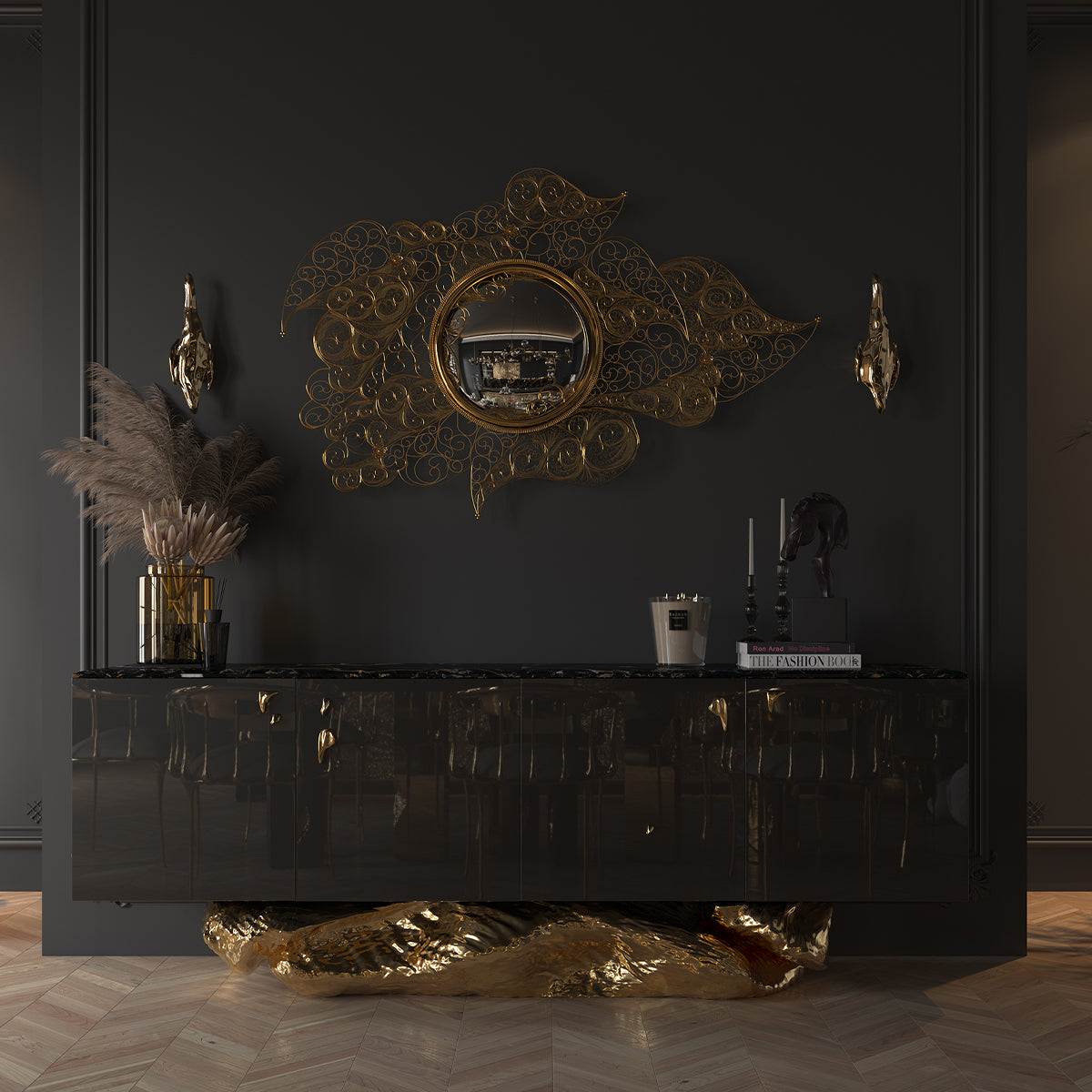 Gold Hidden Storage Sculptural Form Sideboard Dining Room