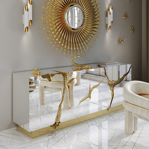 Black Gold Sideboard Cabinet with Sculptural Cracked Design
