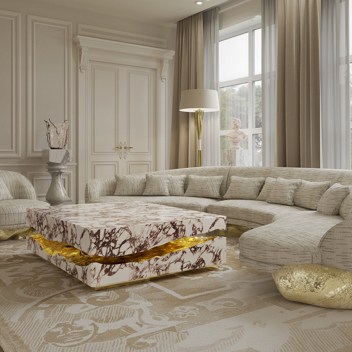 Brass Stone White Sculptural Form Coffee Table