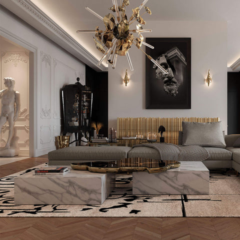 Luxury Sculptural Coffee Table Black & White High-Gloss Marble Finish