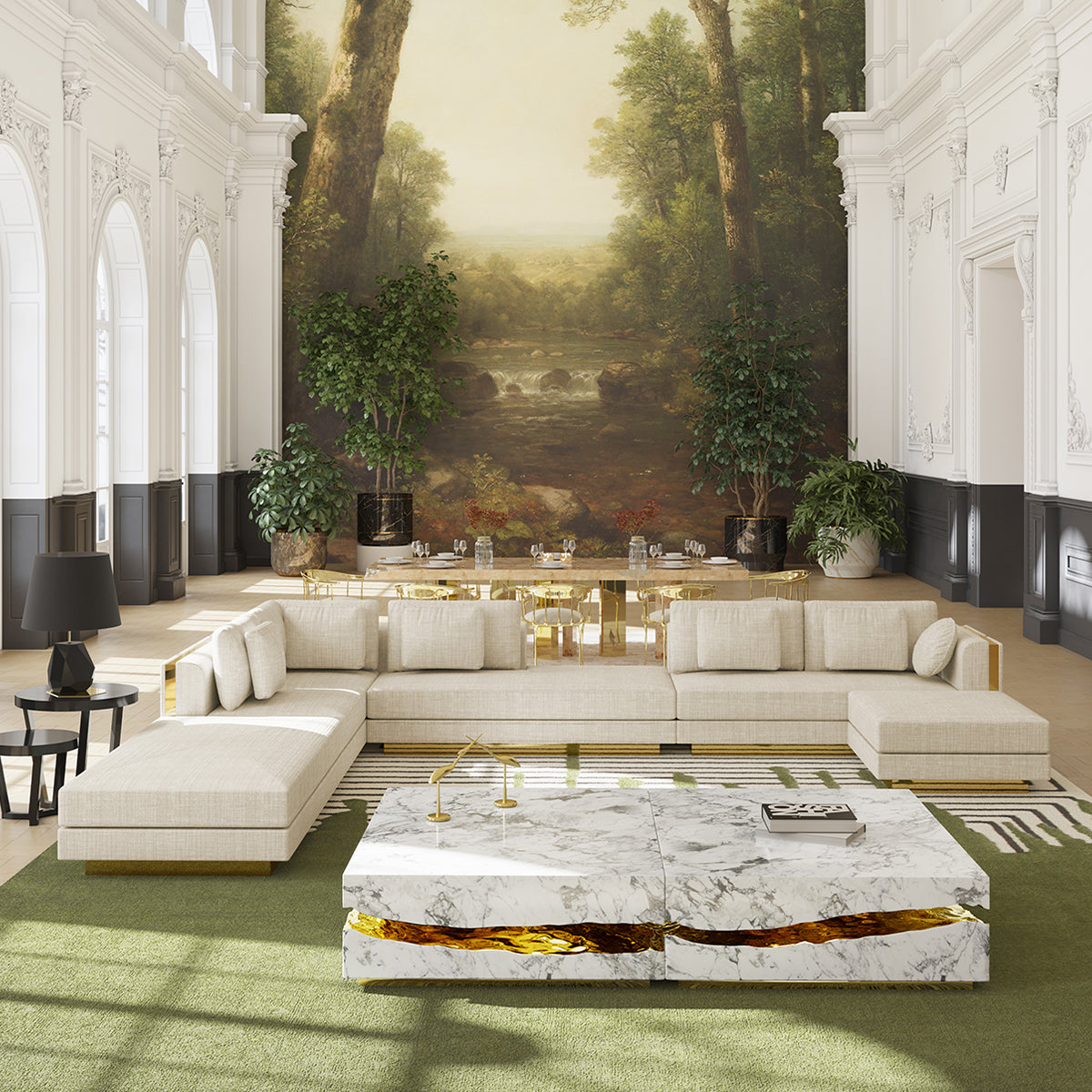 Brass Stone White Sculptural Form Coffee Table