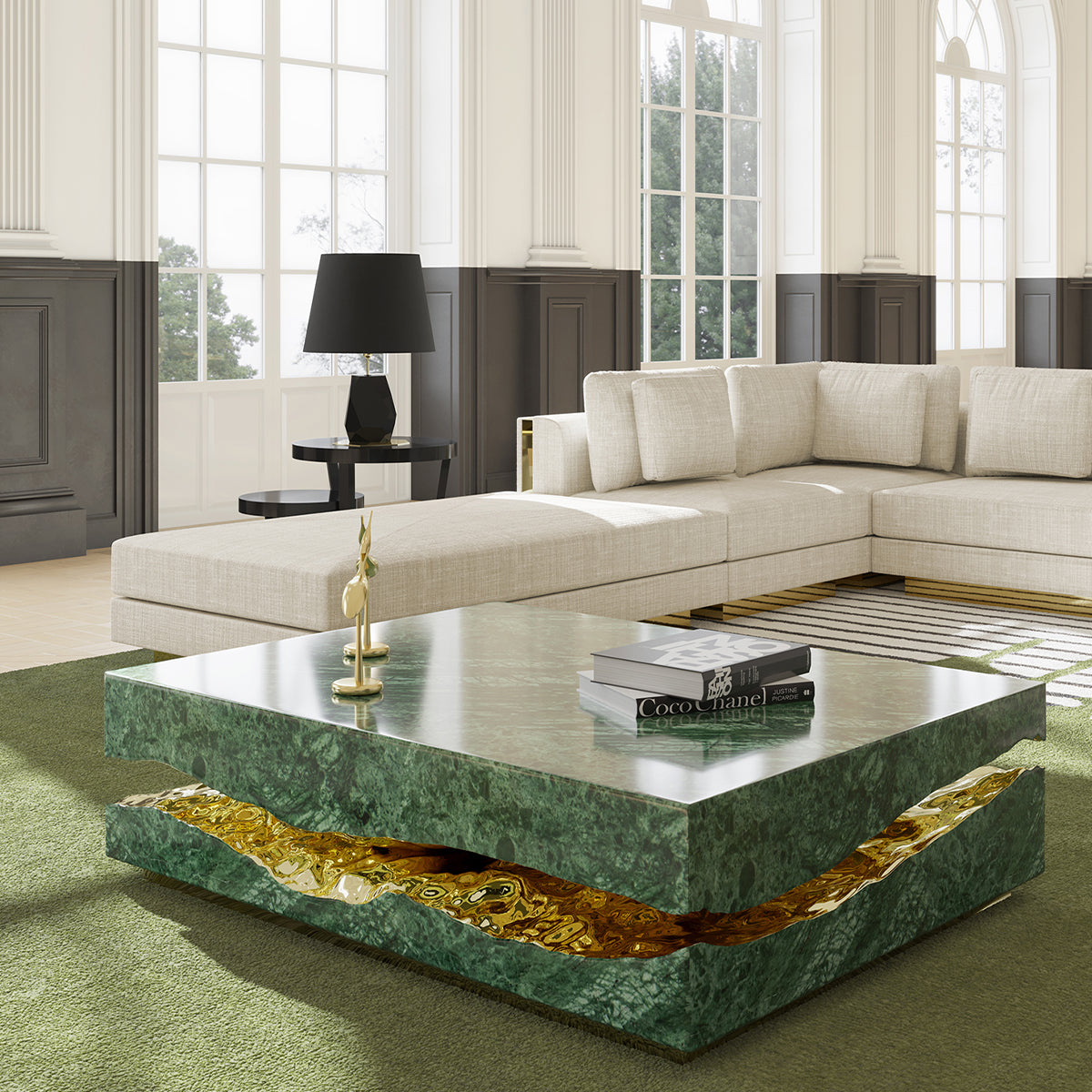 Brass Stone White Sculptural Form Coffee Table