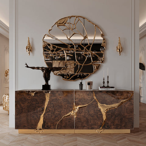 Black Gold Sideboard Cabinet with Sculptural Cracked Design