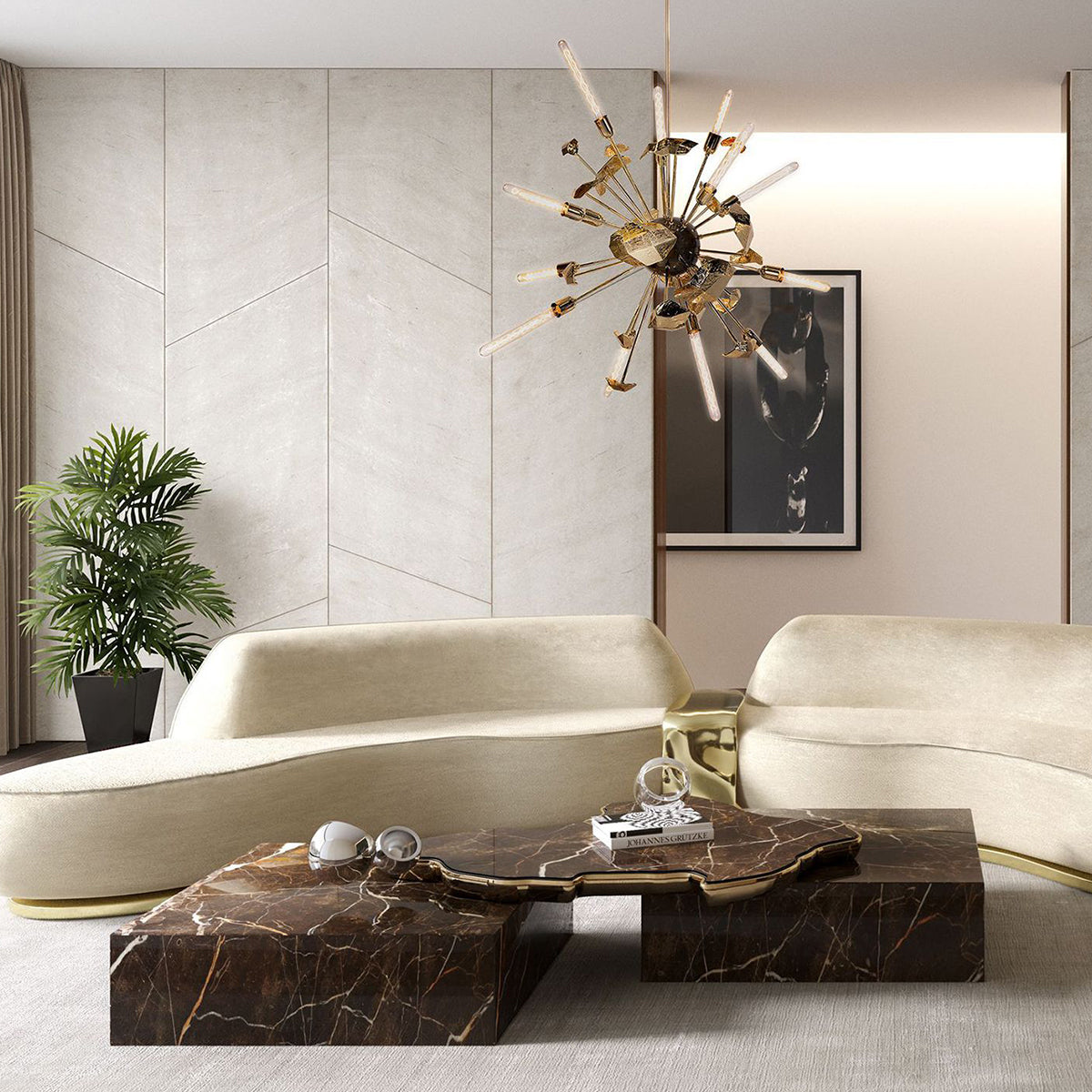 Luxury Sculptural Coffee Table Black & White High-Gloss Marble Finish