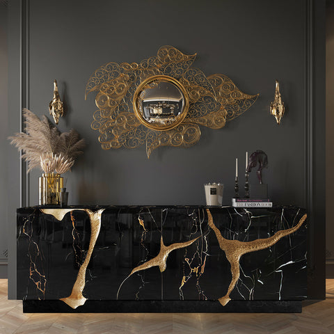 Black Gold Sideboard Cabinet with Sculptural Cracked Design