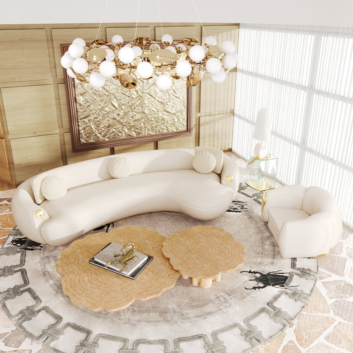 Brass Wood Sculptural Form Coffee Table