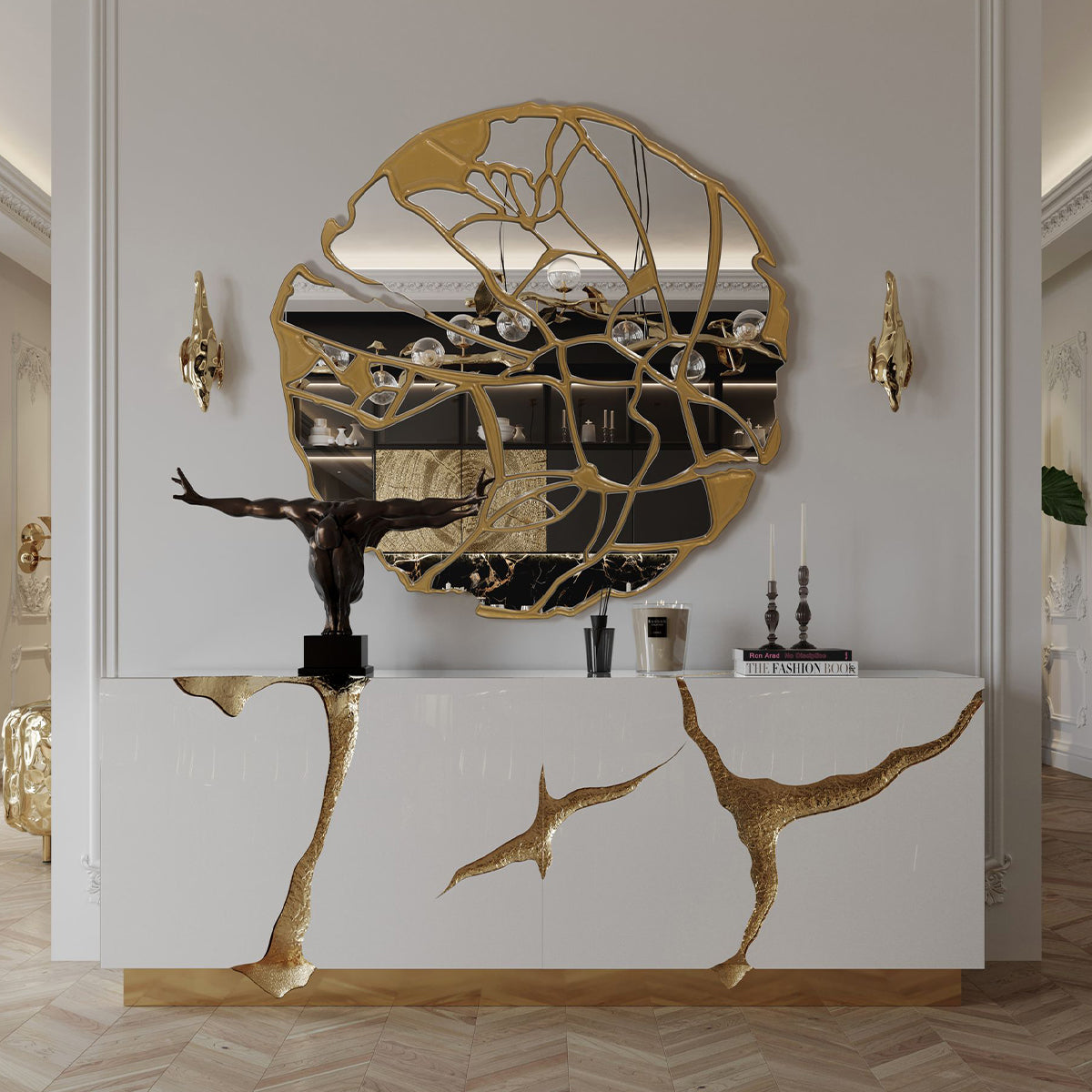 Black Gold Sideboard Cabinet with Sculptural Cracked Design