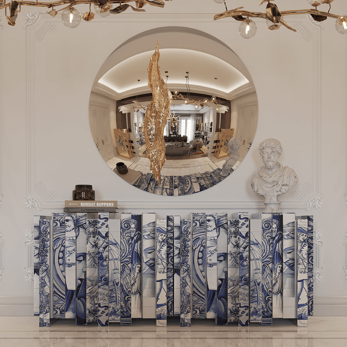 Hand-Painted Tile Sideboard Cabinet