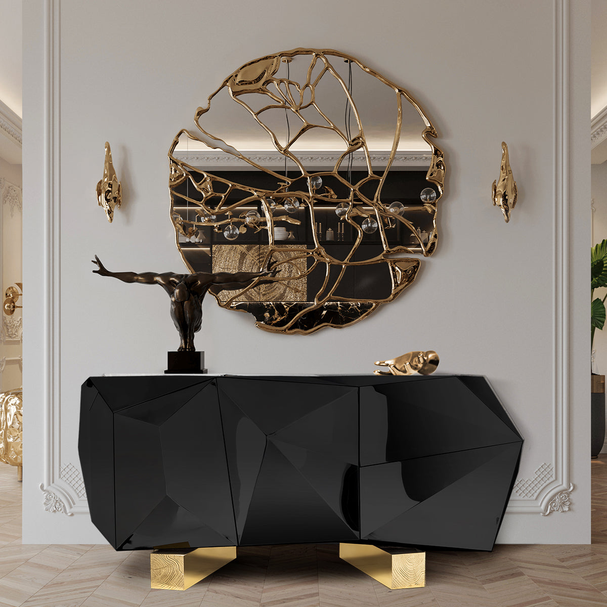 Black Faceted Sideboard Buffet Cabinet with Hidden Storage