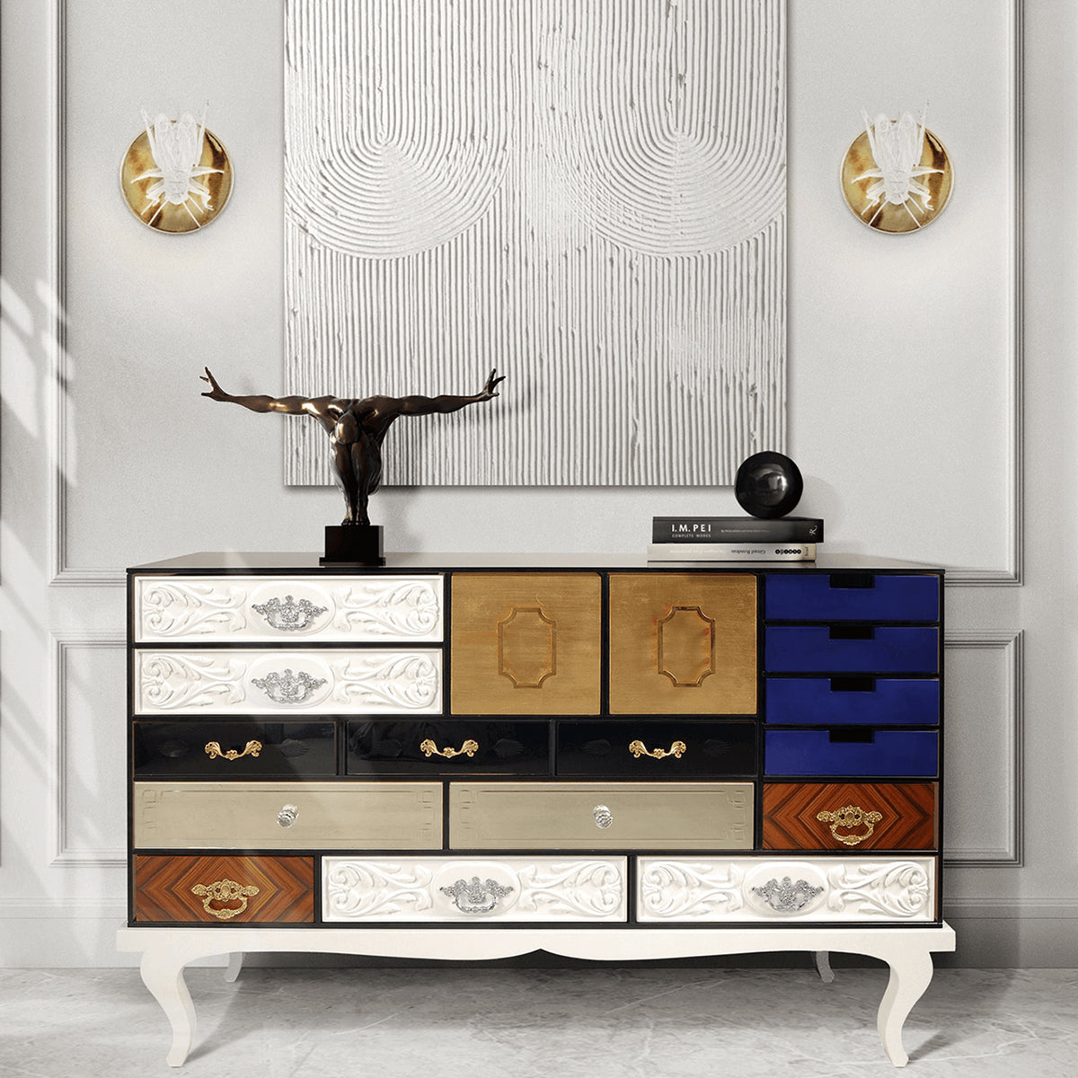 Patchwork Wood Sideboard Buffet Cabinet with Hidden Storage