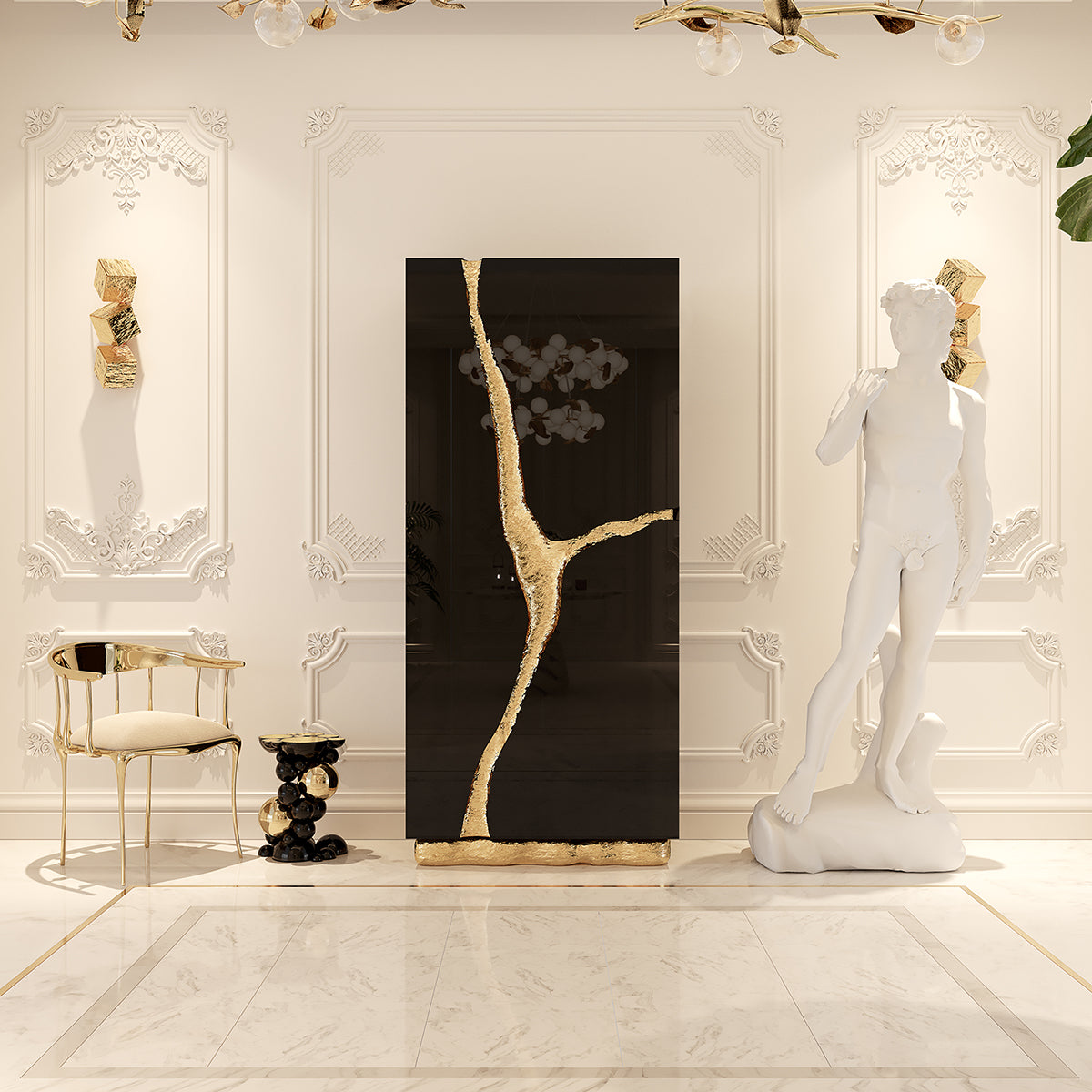 Walnut Brass Hidden Storage Display Cabinet Brass Accents