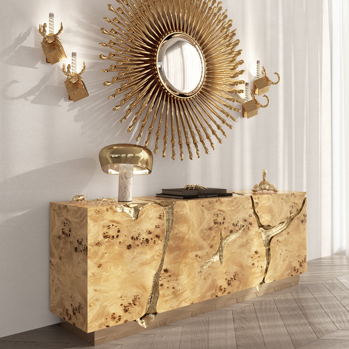 Black Gold Sideboard Cabinet with Sculptural Cracked Design