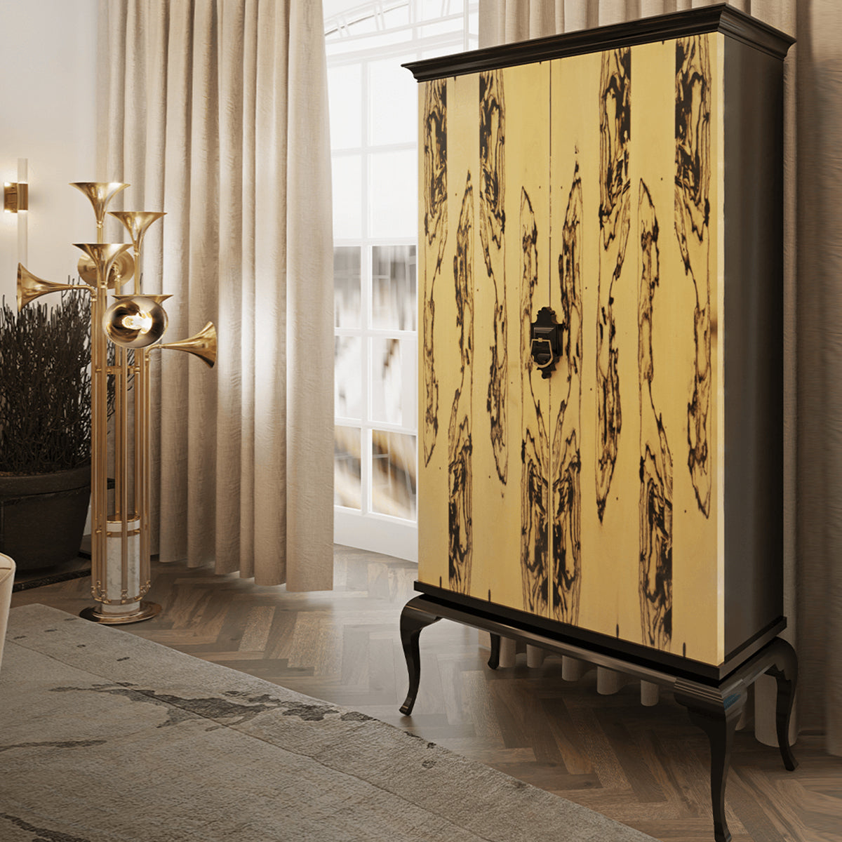 Sculptural Display Cabinet with Glass Shelves and Storage
