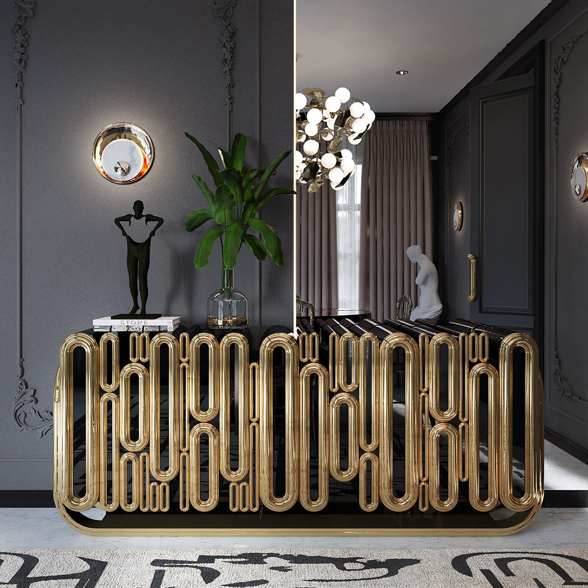 Gold Hidden Storage Sculptural Form Sideboard