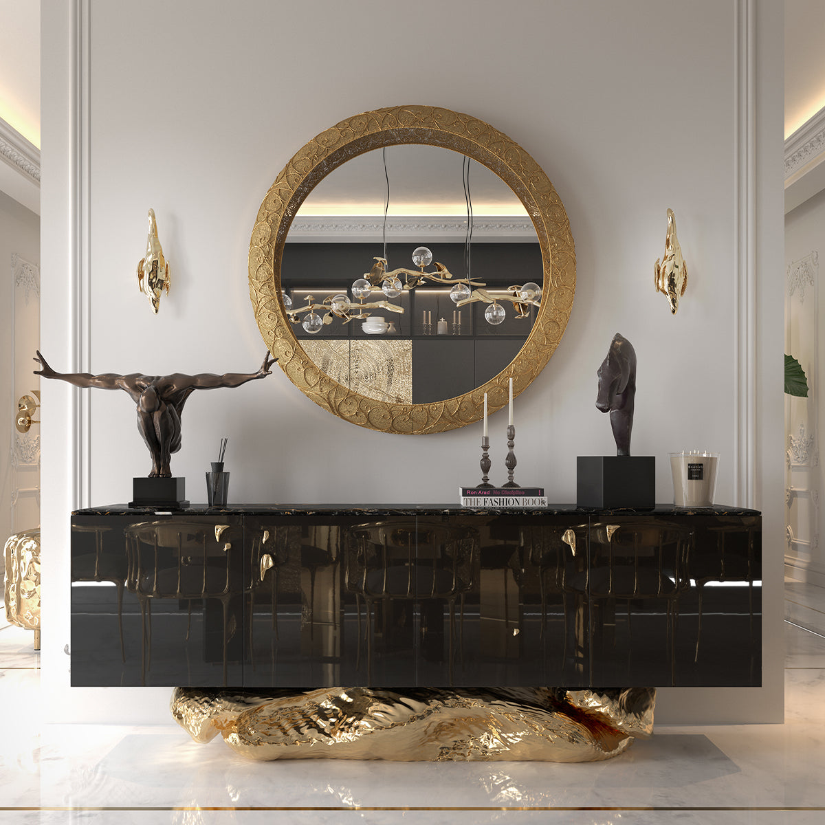 Gold Hidden Storage Sculptural Form Sideboard Dining Room
