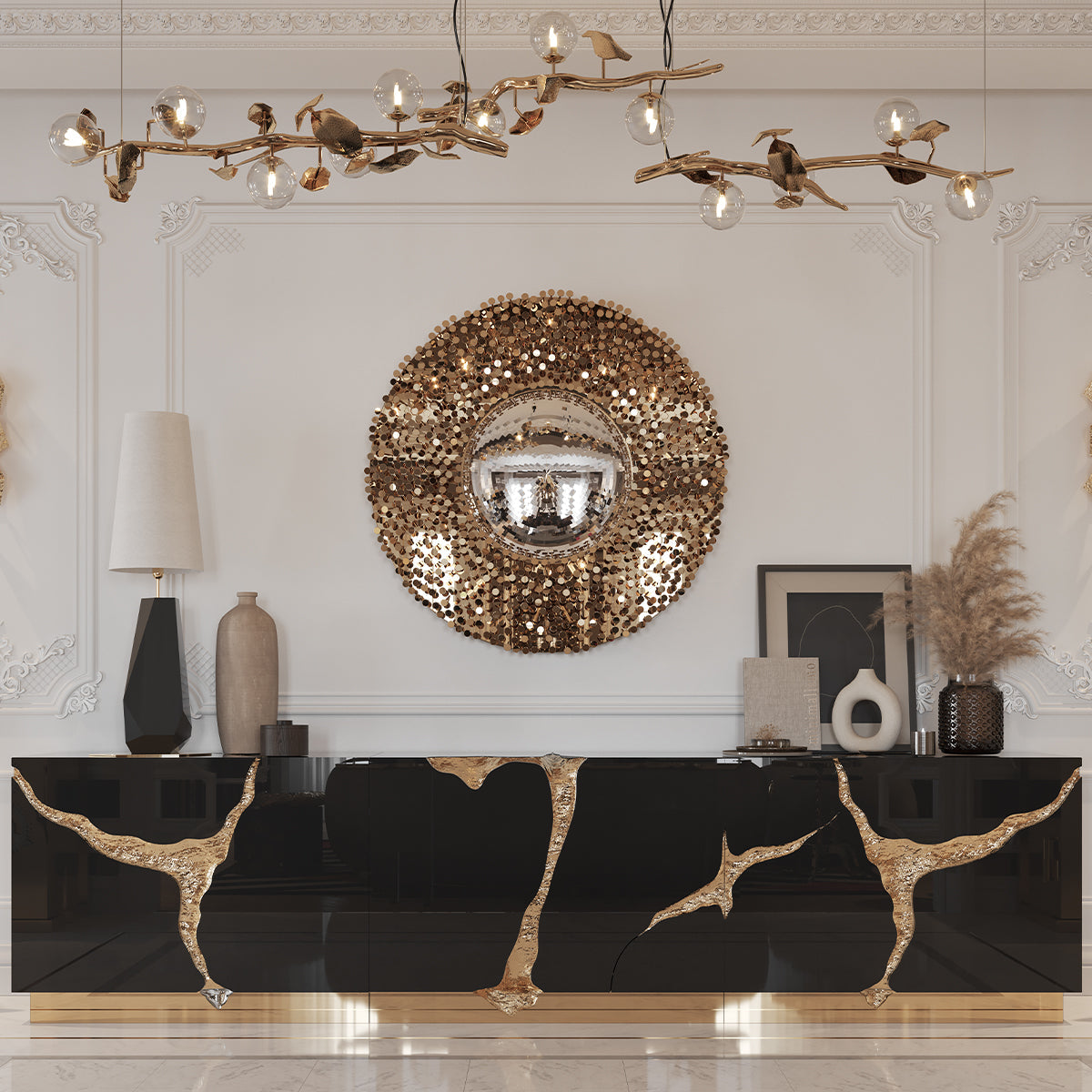 Black Gold Sideboard Cabinet with Sculptural Cracked Design