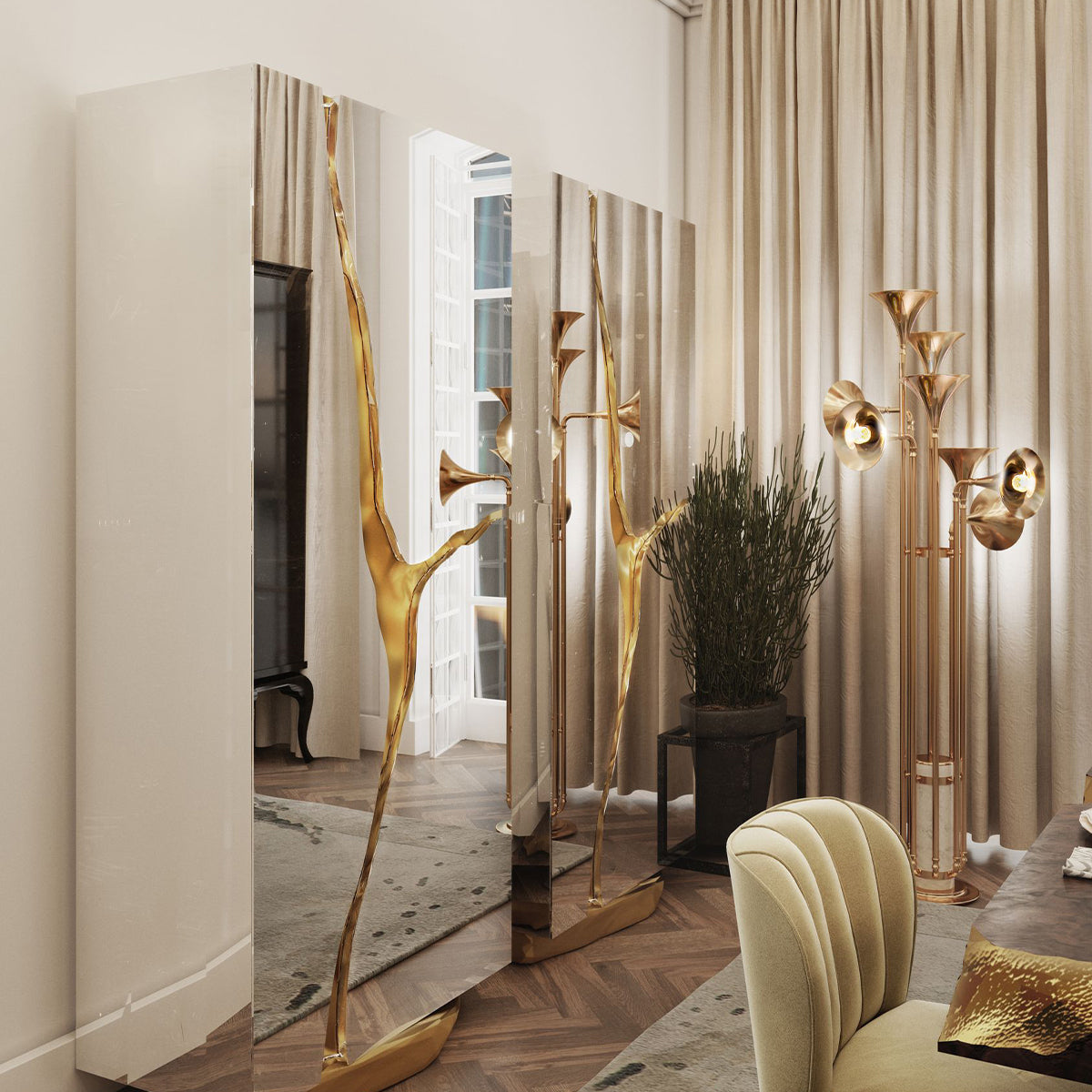 Walnut Brass Hidden Storage Display Cabinet Brass Accents