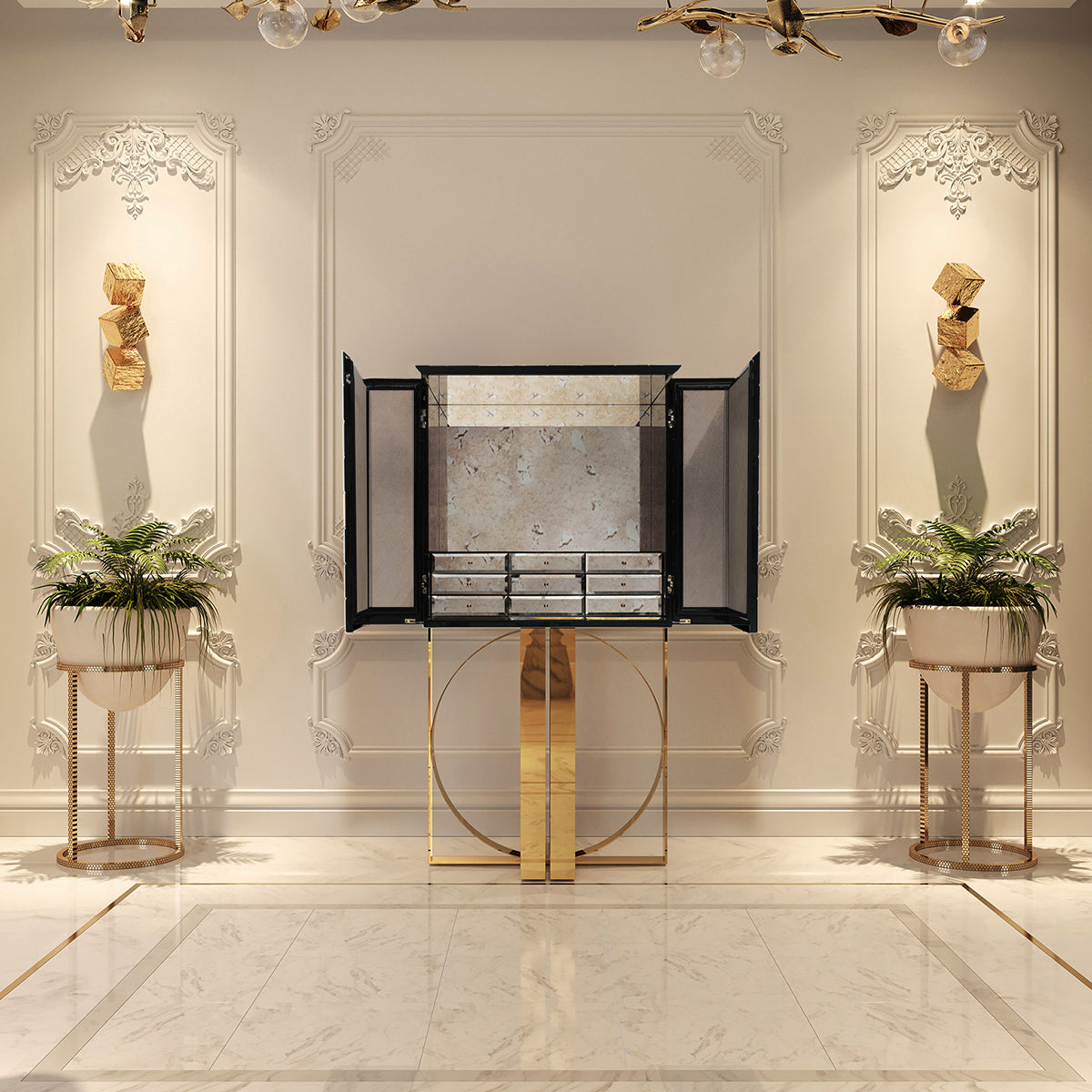 Mirrored Lacquer Black Bar Cabinet