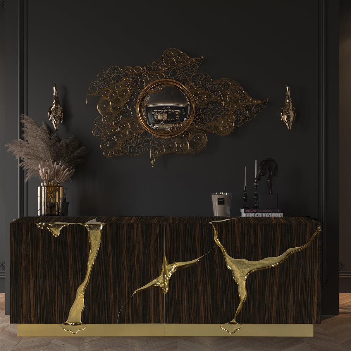 Black Gold Sideboard Cabinet with Sculptural Cracked Design