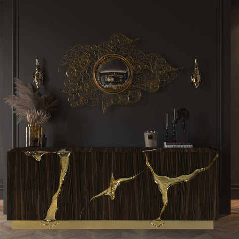 Black Gold Sideboard Cabinet with Sculptural Cracked Design