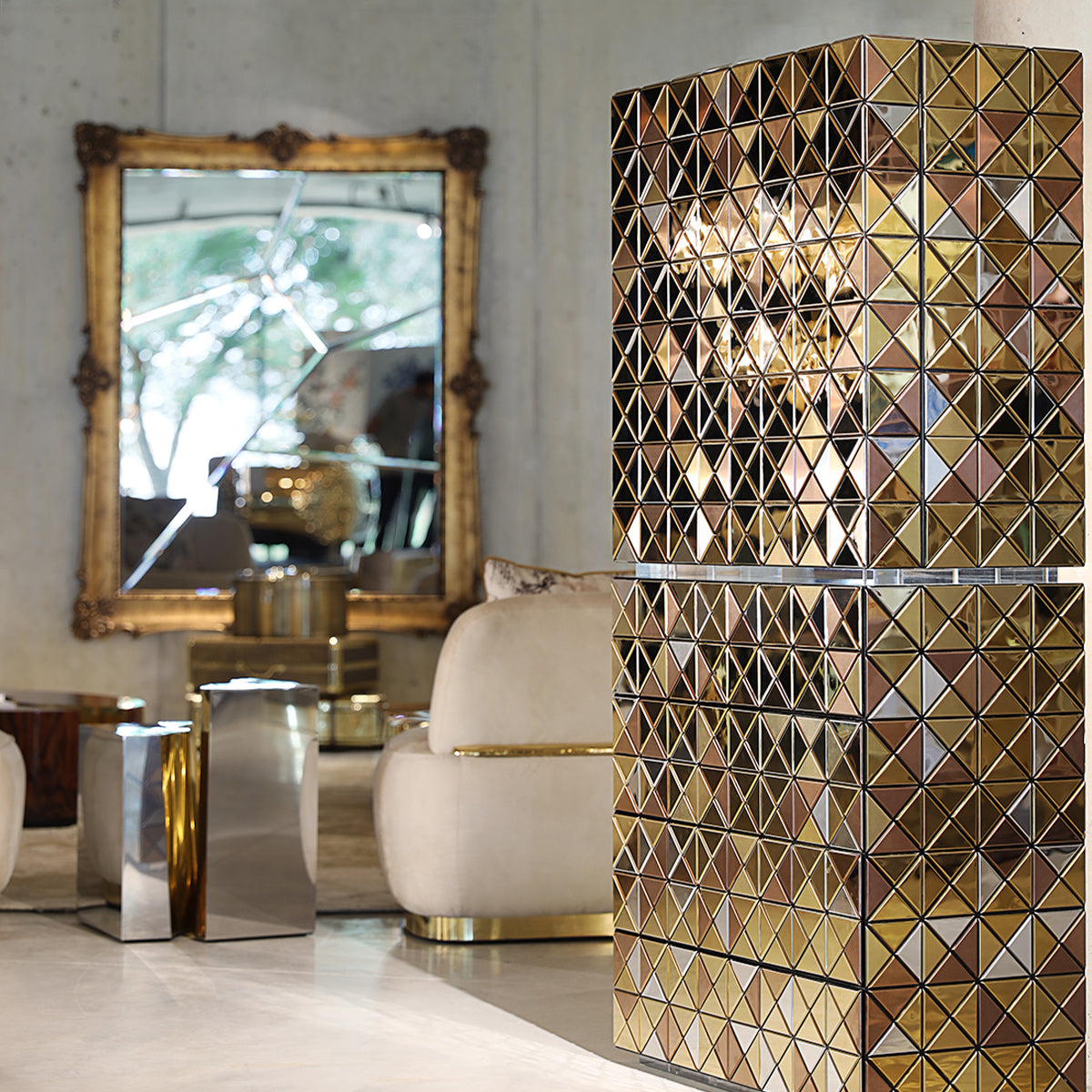 Walnut Brass Hidden Storage Display Cabinet