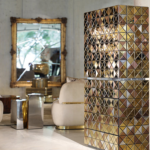 Walnut Brass Hidden Storage Display Cabinet