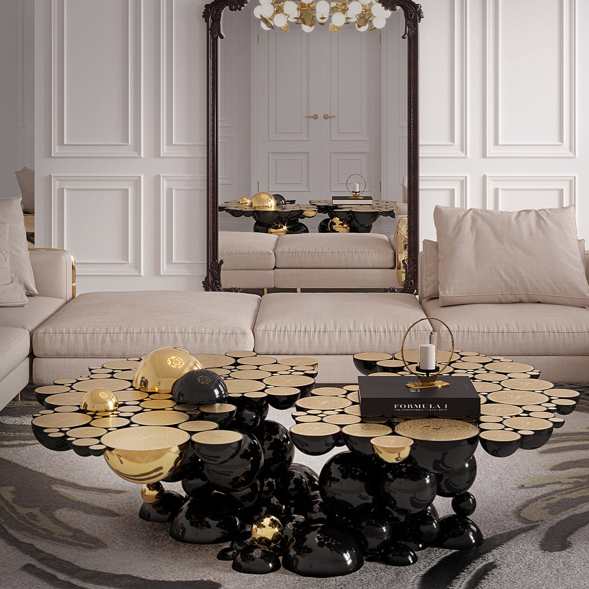 Brass Glass Black Sculptural Form Coffee Table