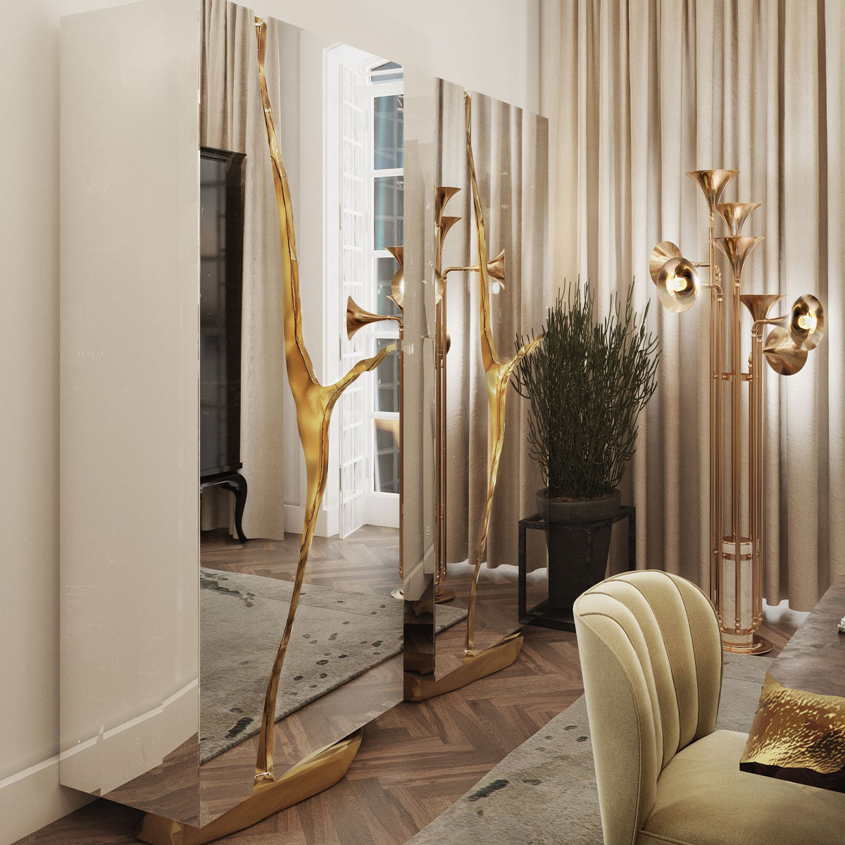 Walnut Brass Hidden Storage Display Cabinet Brass Accents