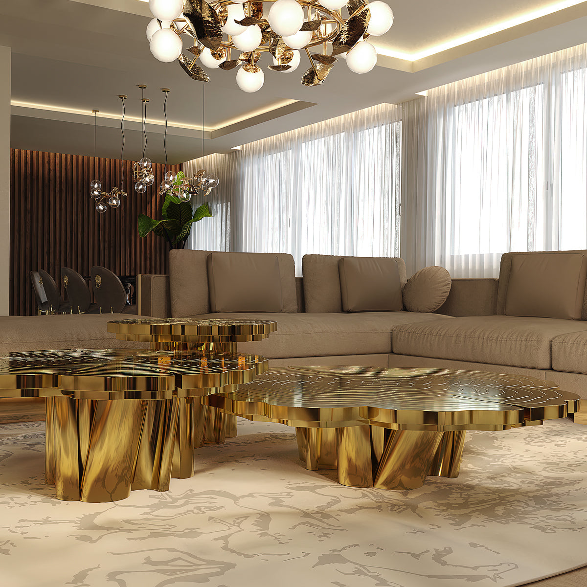 Brass Wood Sculptural Form Coffee Table