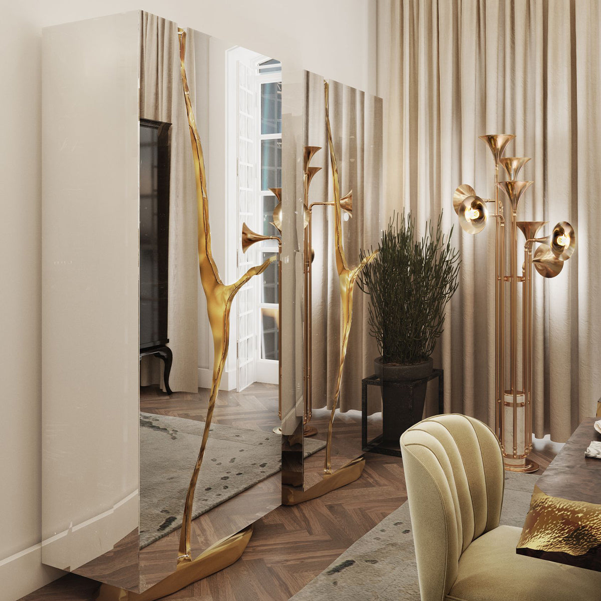 Walnut Brass Hidden Storage Display Cabinet Brass Accents
