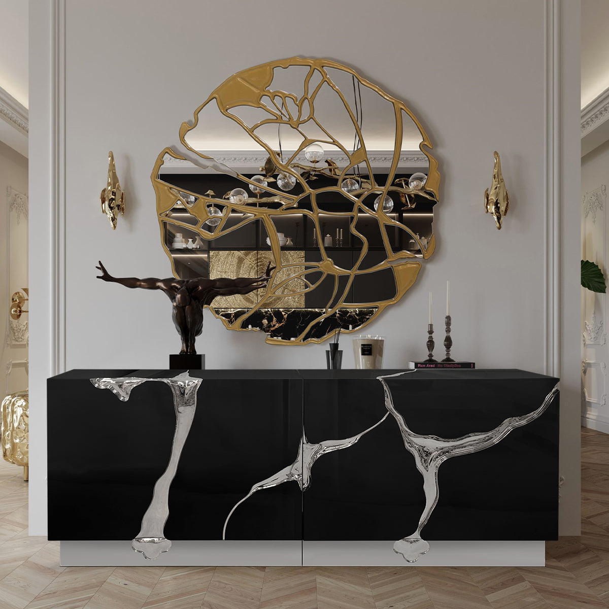 Black Gold Sideboard Cabinet with Sculptural Cracked Design