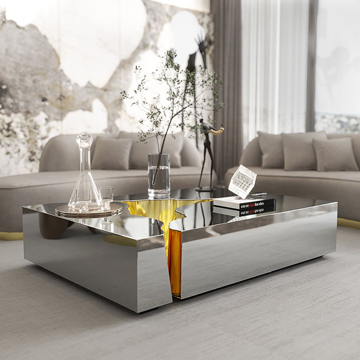 Brass Glass Sculptural Form Coffee Table Living Room