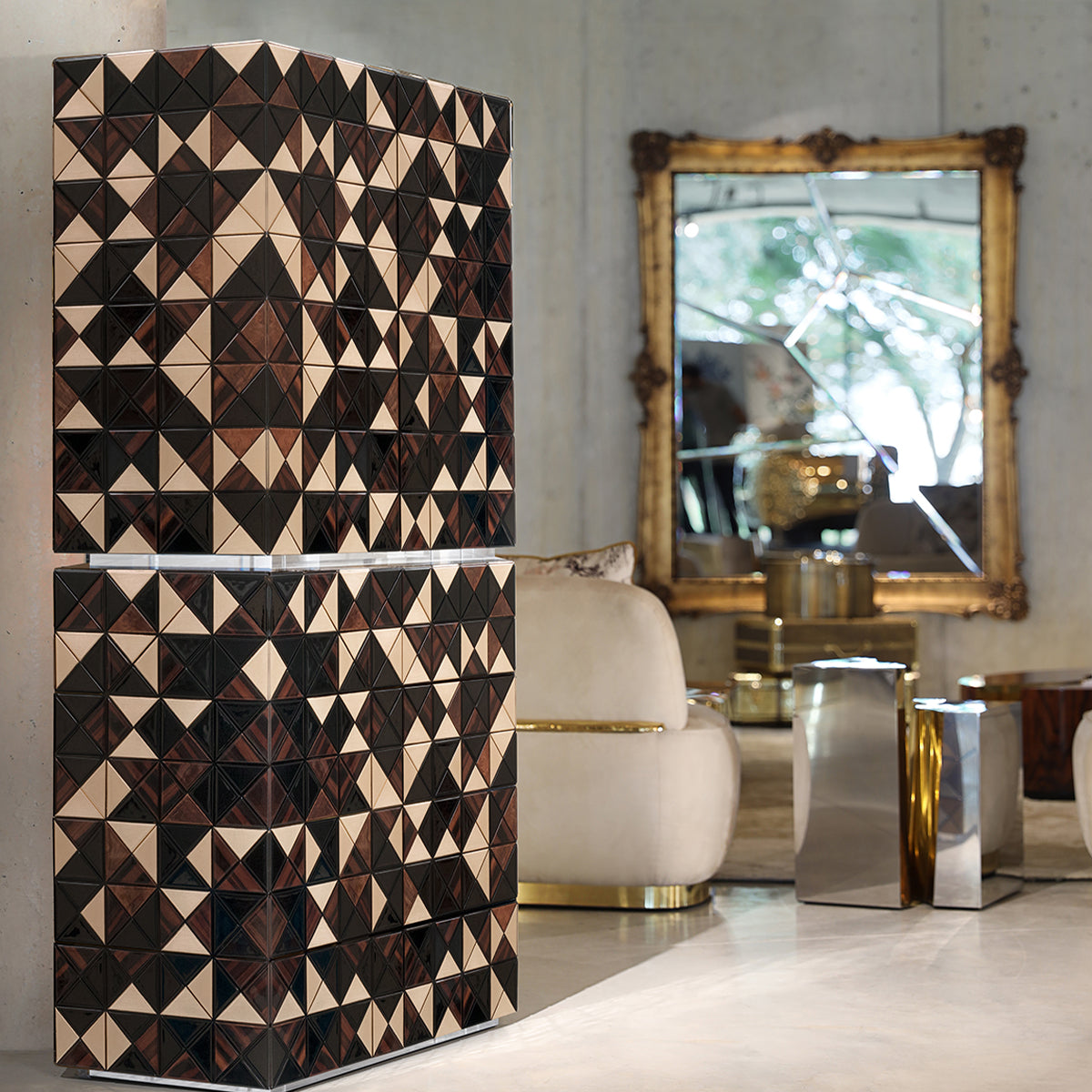 Walnut Brass Hidden Storage Display Cabinet