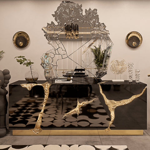Black Gold Sideboard Cabinet with Sculptural Cracked Design