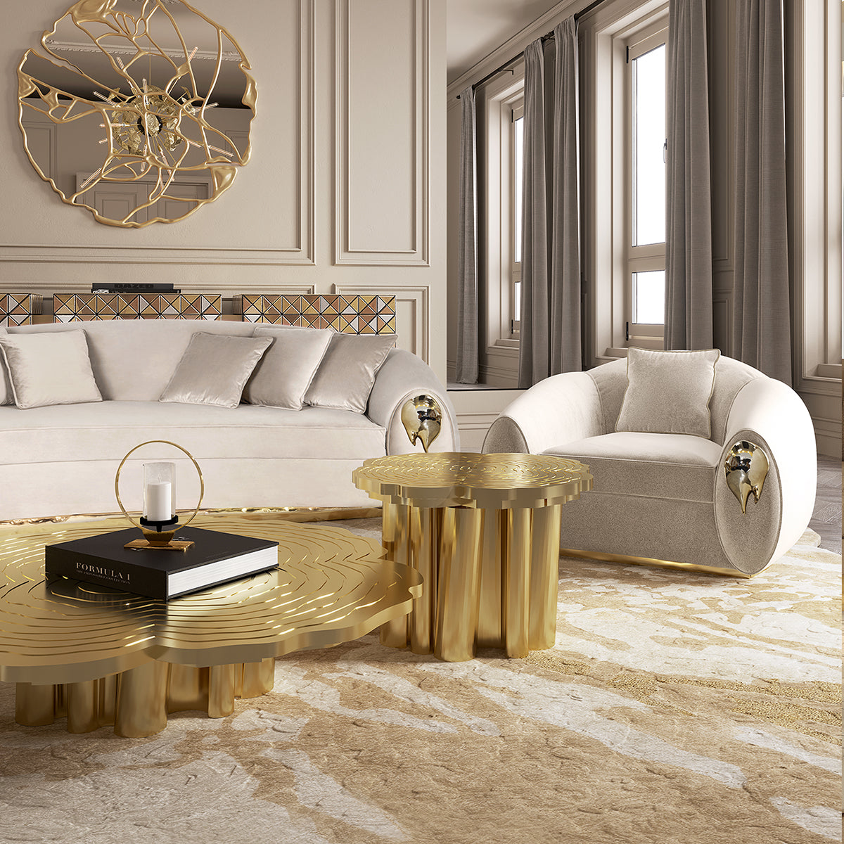 Brass Wood Sculptural Form Coffee Table