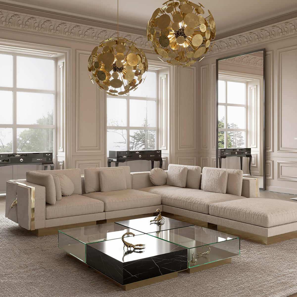Brass Glass Gold Sculptural Form Coffee Table Brass Accents