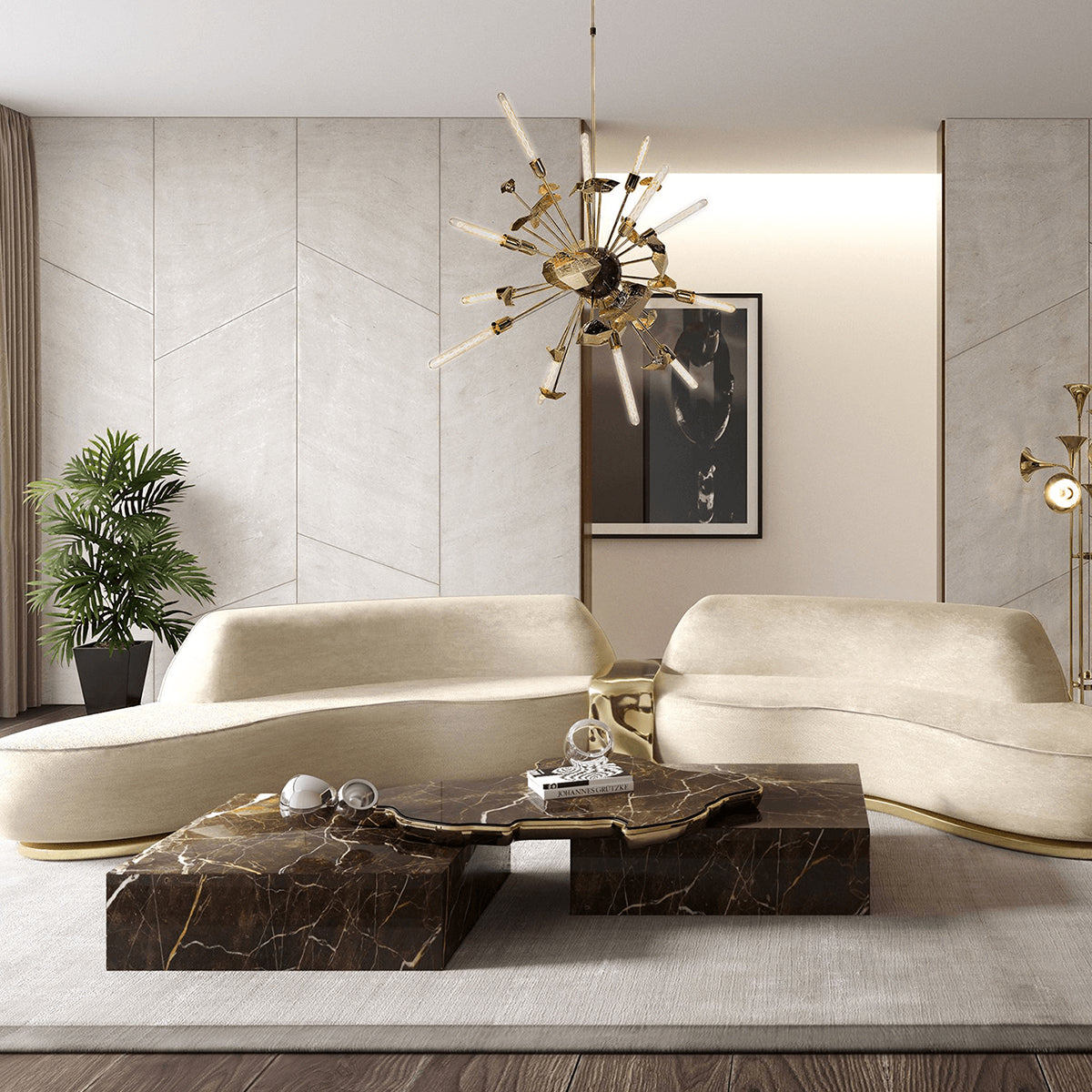 Luxury Sculptural Coffee Table Black & White High-Gloss Marble Finish