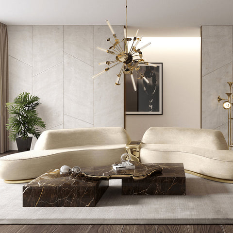 Luxury Sculptural Coffee Table Black & White High-Gloss Marble Finish