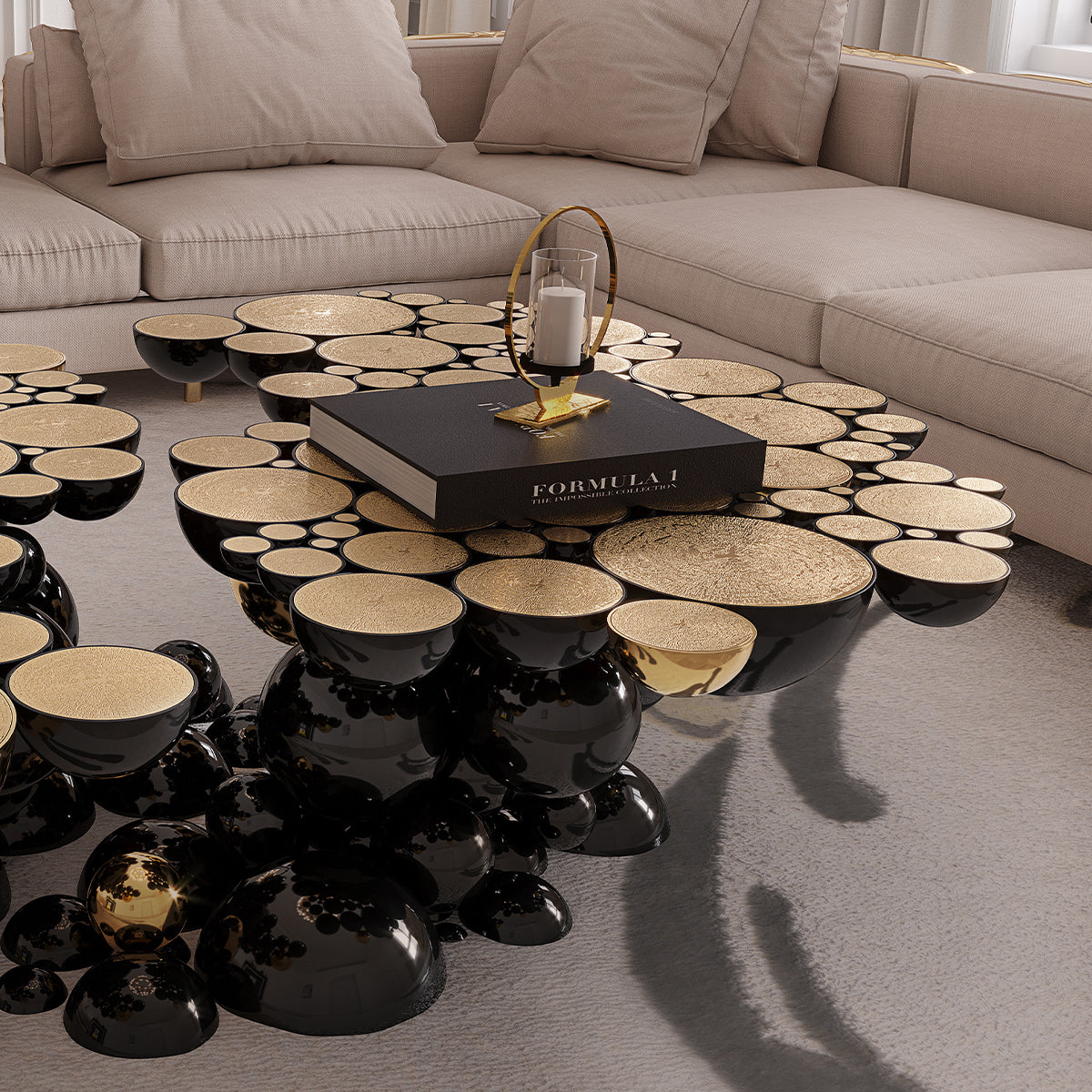 Brass Glass Black Sculptural Form Coffee Table
