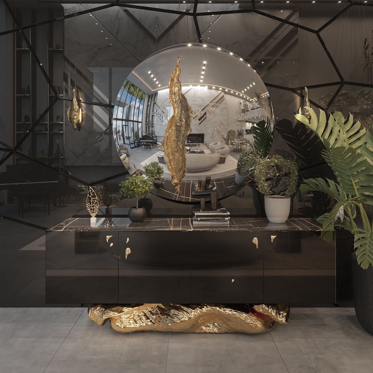 Gold Hidden Storage Sculptural Form Sideboard Dining Room