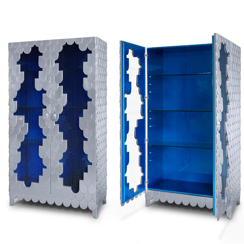 Glass Wood Blue Sculptural Form Display Cabinet