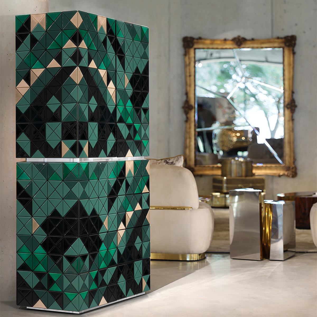 Walnut Brass Hidden Storage Display Cabinet