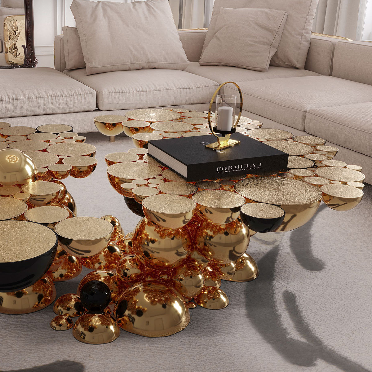 Brass Glass Black Sculptural Form Coffee Table