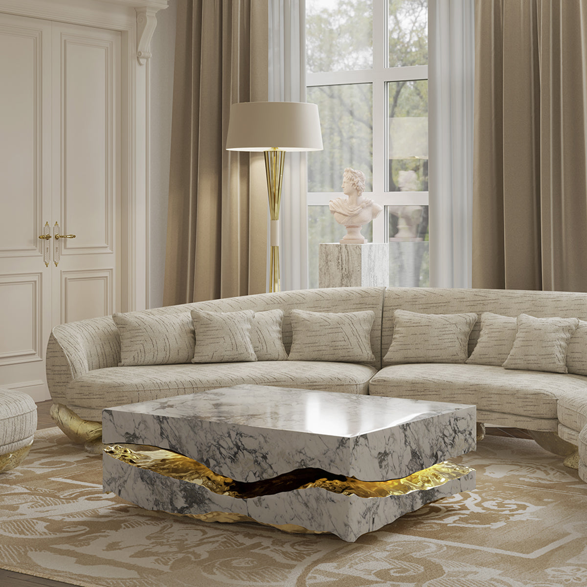 Brass Stone White Sculptural Form Coffee Table
