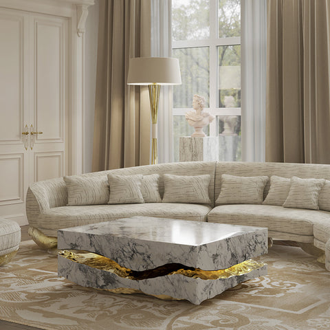 Brass Stone White Sculptural Form Coffee Table