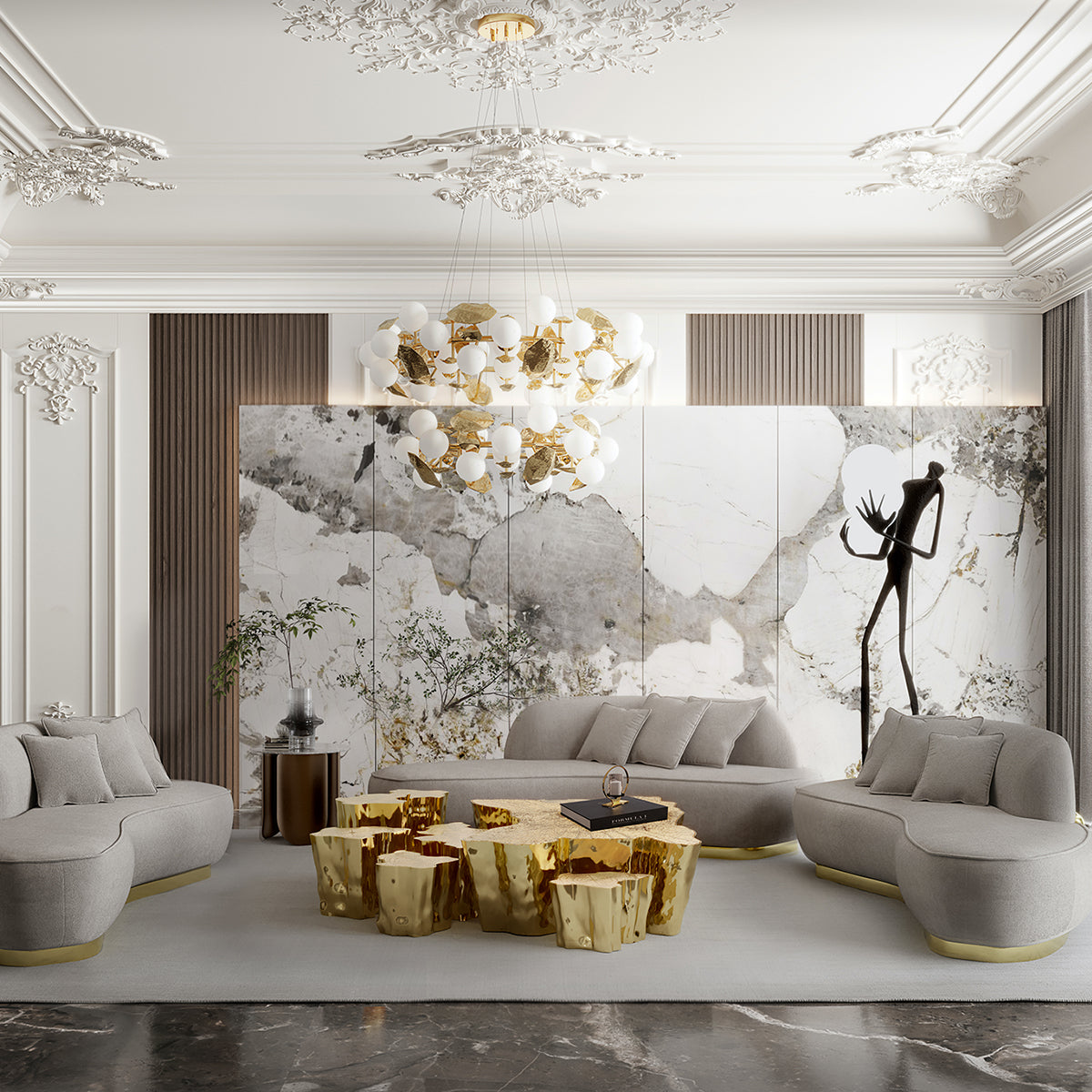 Brass White Sculptural Form Coffee Table
